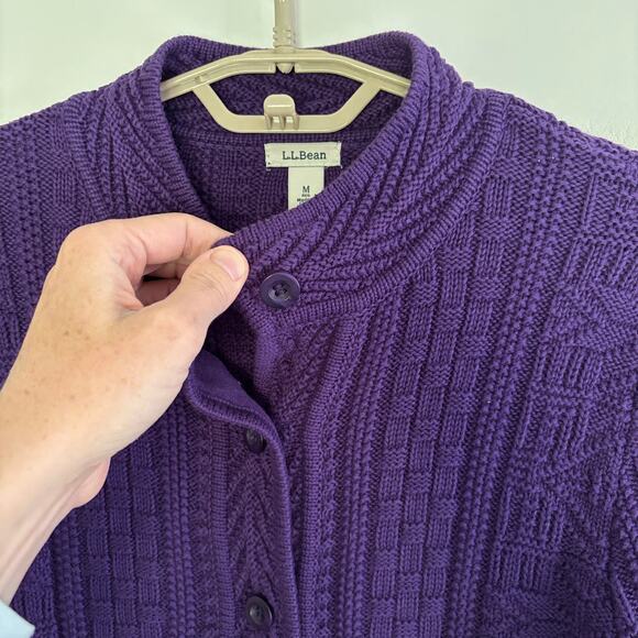 L.L. Bean Purple Cable Knit Cardigan Sweater Jacket 100% Cotton 278397 - Picture 3 of 8